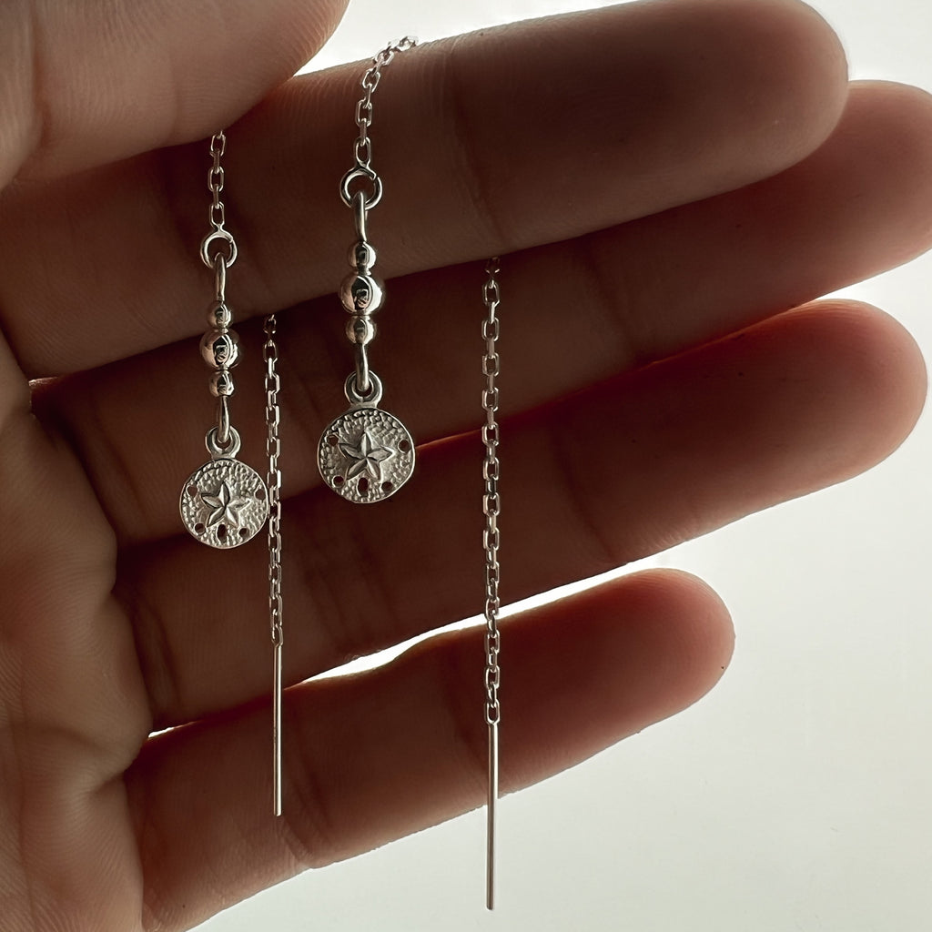 Silver Sand Dollar Dainty Threader Earrings