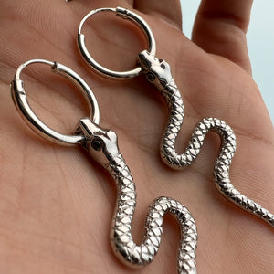 Curved Silver Snake Hoop Earrings