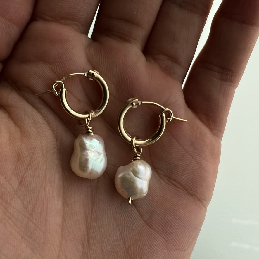 Wonky Freshwater Pearl Gold Hoop Earrings