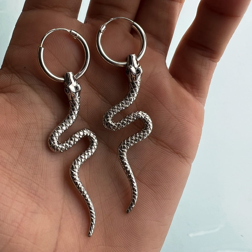 Curved Silver Snake Hoop Earrings
