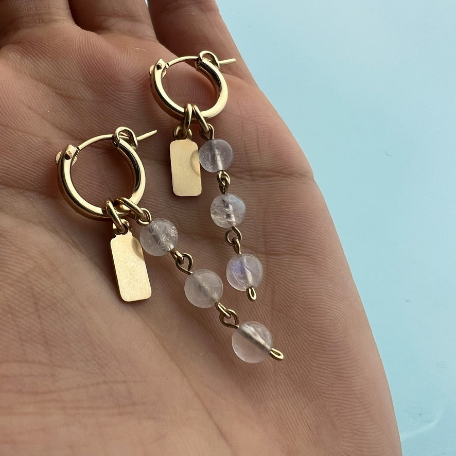 Personalised Rainbow Moonstone Drop Hoop Earrings