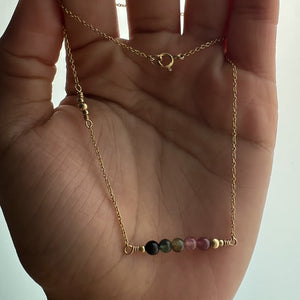 Watermelon Tourmaline Gold Bar Asymmetrical Necklace